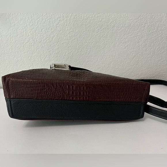 Thomas Leathers Asymmetric Angle Black & Brown Crossbody Handbag Croc Emboss - Picture 5 of 13